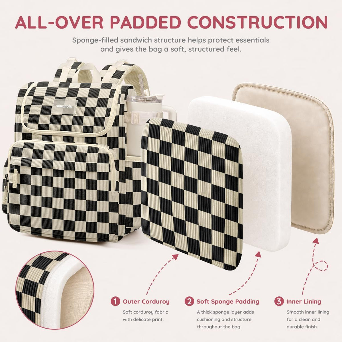 Large Corduroy Diaper Bag Backpack for Mom, 25L Baby Travel Bag with Insulated Bottle Pockets, 40oz Side Strap & Stroller-Ready Straps