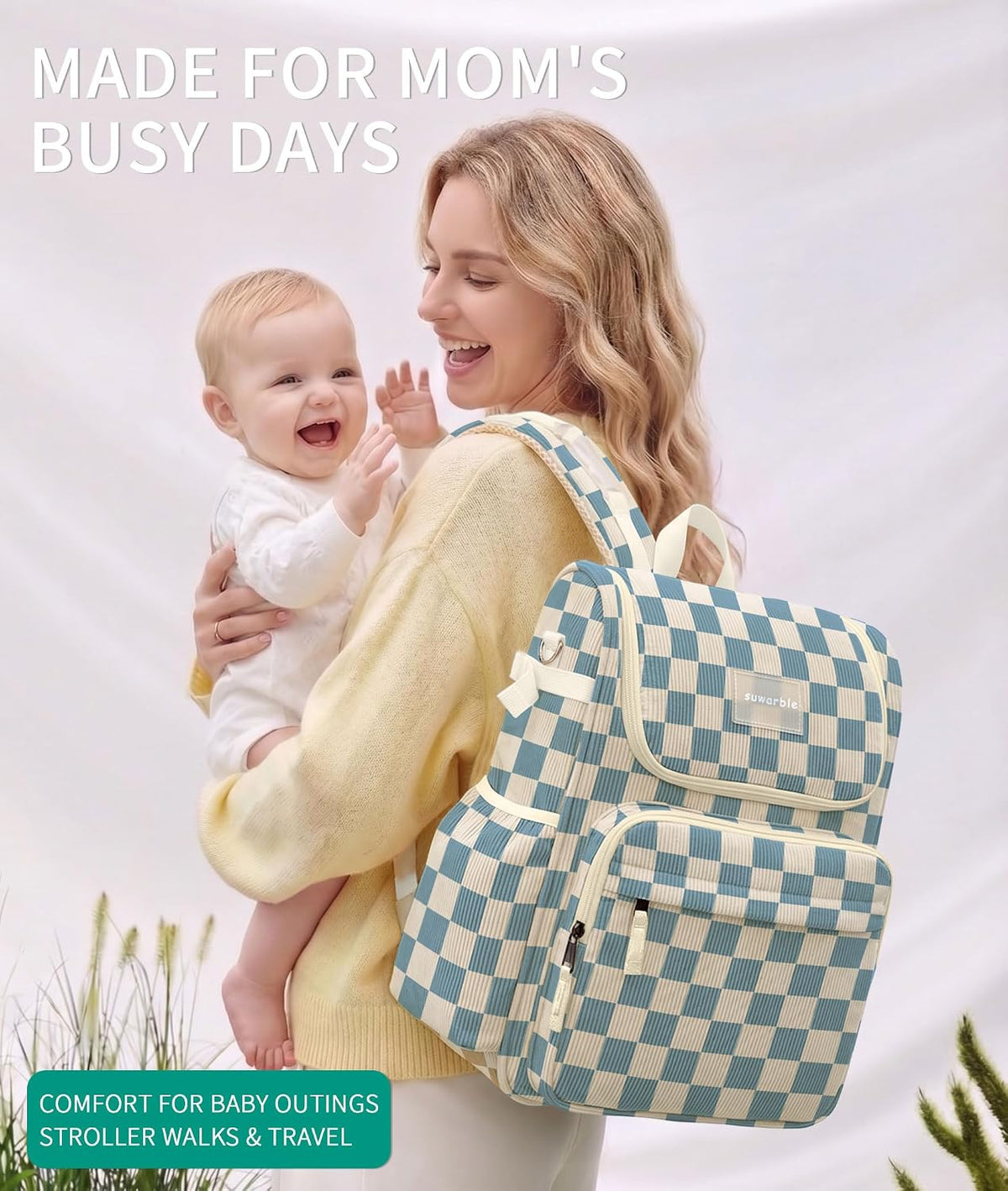 Large Corduroy Diaper Bag Backpack for Mom, 25L Baby Travel Bag with Insulated Bottle Pockets, 40oz Side Strap & Stroller-Ready Straps