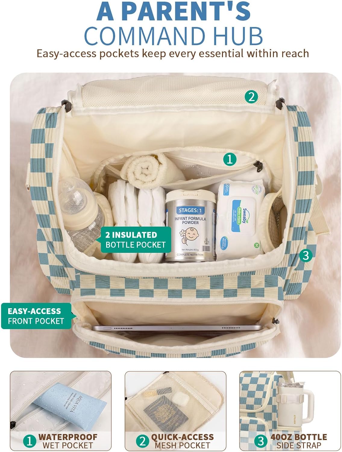 Large Corduroy Diaper Bag Backpack for Mom, 25L Baby Travel Bag with Insulated Bottle Pockets, 40oz Side Strap & Stroller-Ready Straps
