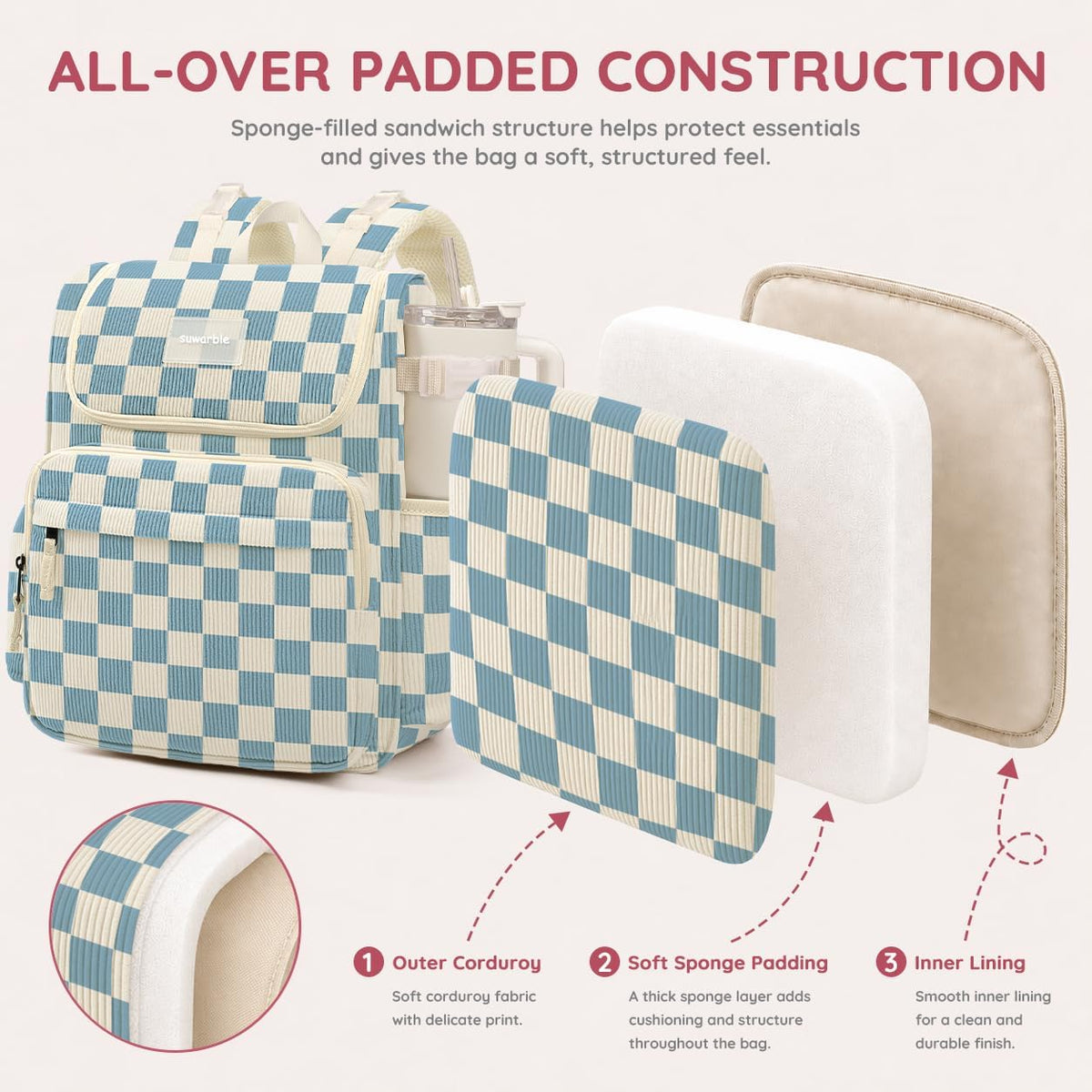 Large Corduroy Diaper Bag Backpack for Mom, 25L Baby Travel Bag with Insulated Bottle Pockets, 40oz Side Strap & Stroller-Ready Straps