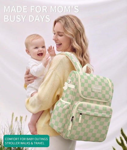 Large Corduroy Diaper Bag Backpack for Mom, 25L Baby Travel Bag with Insulated Bottle Pockets, 40oz Side Strap & Stroller-Ready Straps