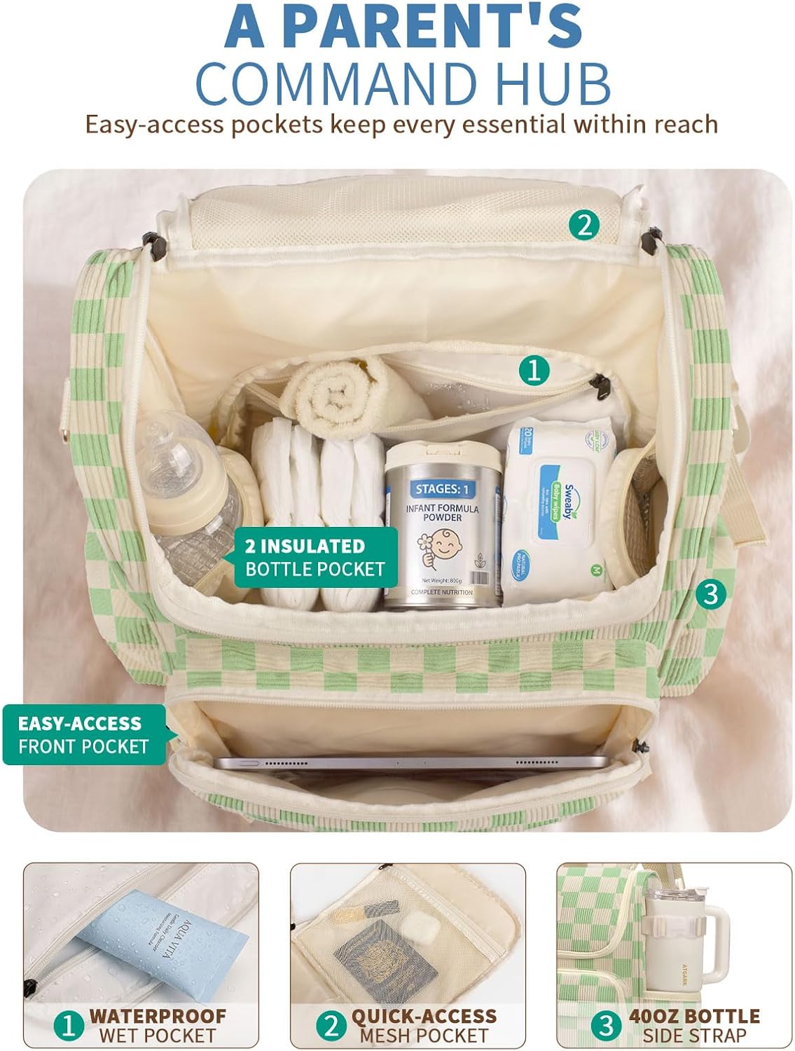 Large Corduroy Diaper Bag Backpack for Mom, 25L Baby Travel Bag with Insulated Bottle Pockets, 40oz Side Strap & Stroller-Ready Straps
