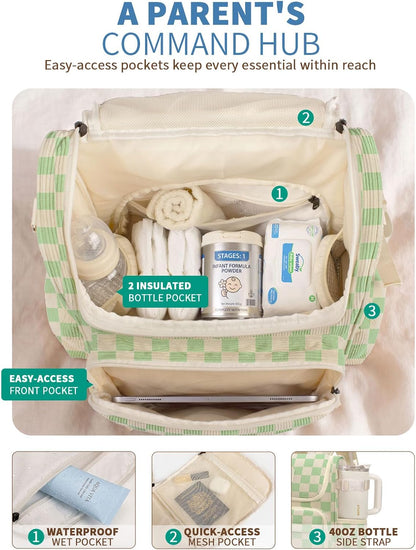 Large Corduroy Diaper Bag Backpack for Mom, 25L Baby Travel Bag with Insulated Bottle Pockets, 40oz Side Strap & Stroller-Ready Straps