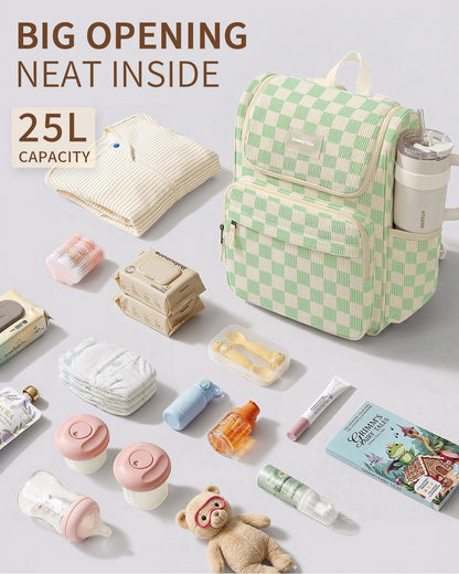 Large Corduroy Diaper Bag Backpack for Mom, 25L Baby Travel Bag with Insulated Bottle Pockets, 40oz Side Strap & Stroller-Ready Straps
