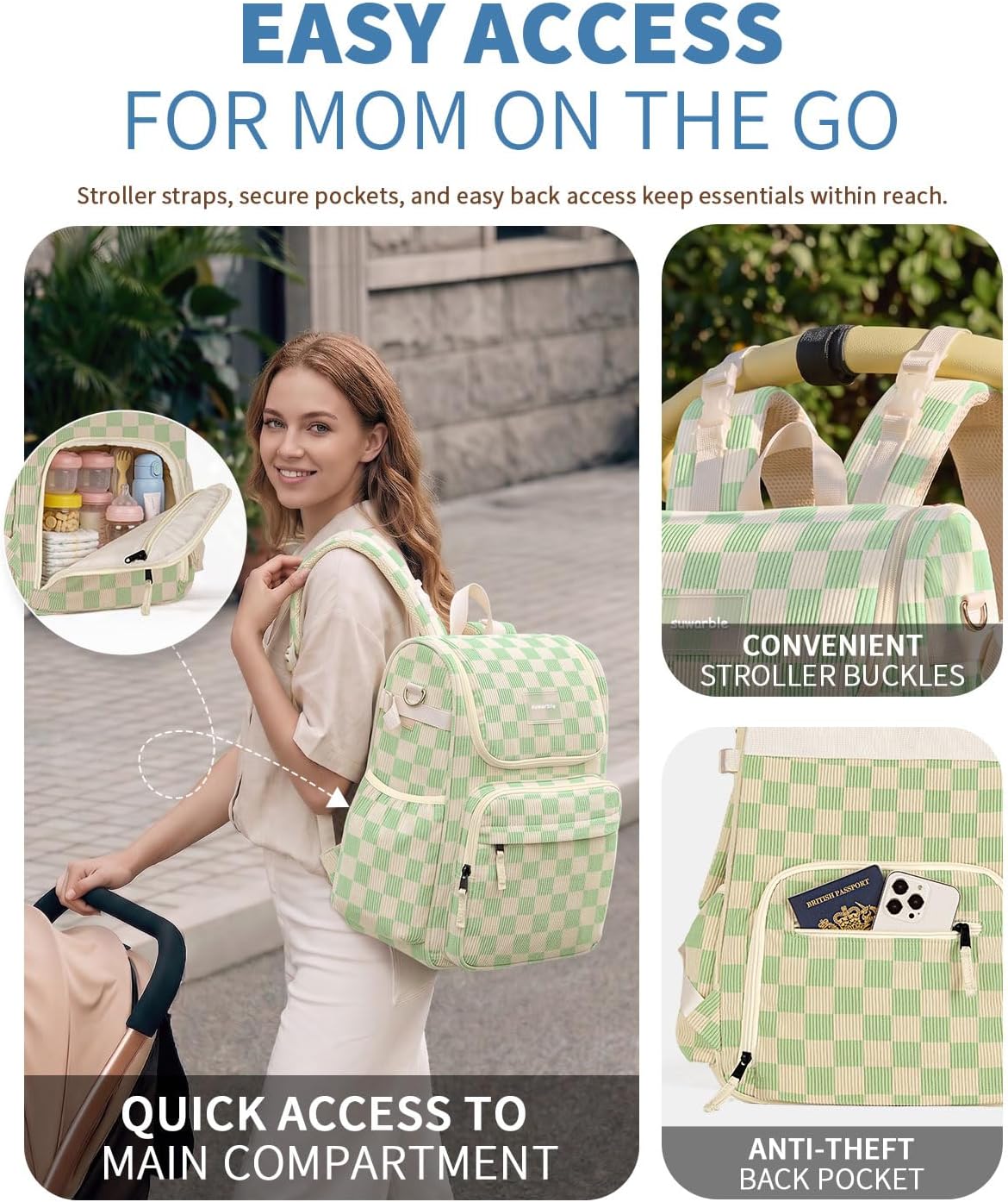 Large Corduroy Diaper Bag Backpack for Mom, 25L Baby Travel Bag with Insulated Bottle Pockets, 40oz Side Strap & Stroller-Ready Straps