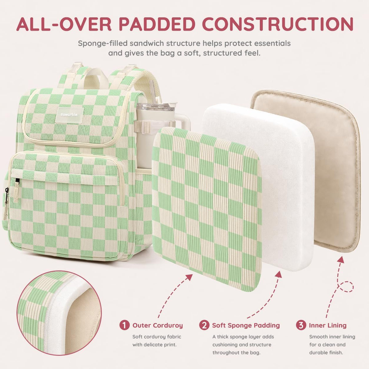 Large Corduroy Diaper Bag Backpack for Mom, 25L Baby Travel Bag with Insulated Bottle Pockets, 40oz Side Strap & Stroller-Ready Straps