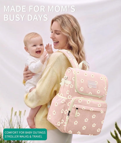 Large Corduroy Diaper Bag Backpack for Mom, 25L Baby Travel Bag with Insulated Bottle Pockets, 40oz Side Strap & Stroller-Ready Straps