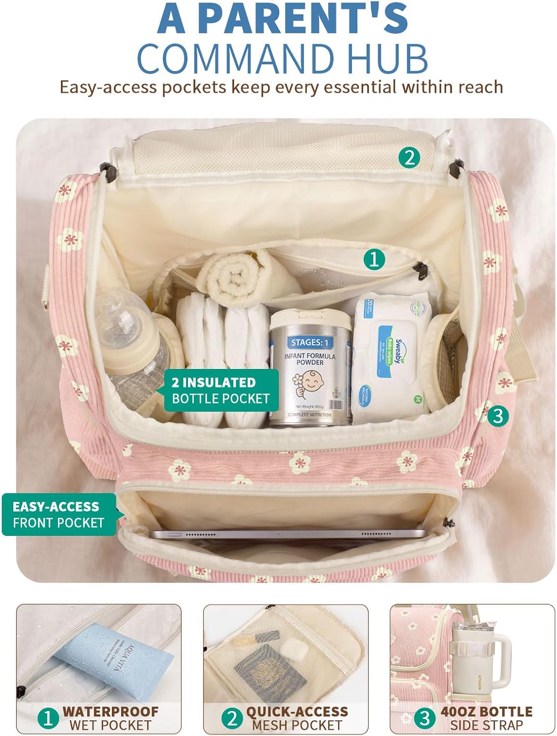 Large Corduroy Diaper Bag Backpack for Mom, 25L Baby Travel Bag with Insulated Bottle Pockets, 40oz Side Strap & Stroller-Ready Straps