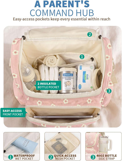 Large Corduroy Diaper Bag Backpack for Mom, 25L Baby Travel Bag with Insulated Bottle Pockets, 40oz Side Strap & Stroller-Ready Straps