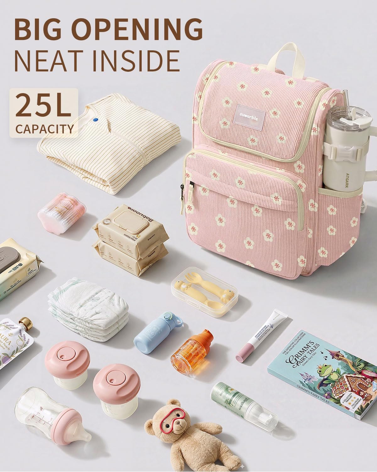 Large Corduroy Diaper Bag Backpack for Mom, 25L Baby Travel Bag with Insulated Bottle Pockets, 40oz Side Strap & Stroller-Ready Straps