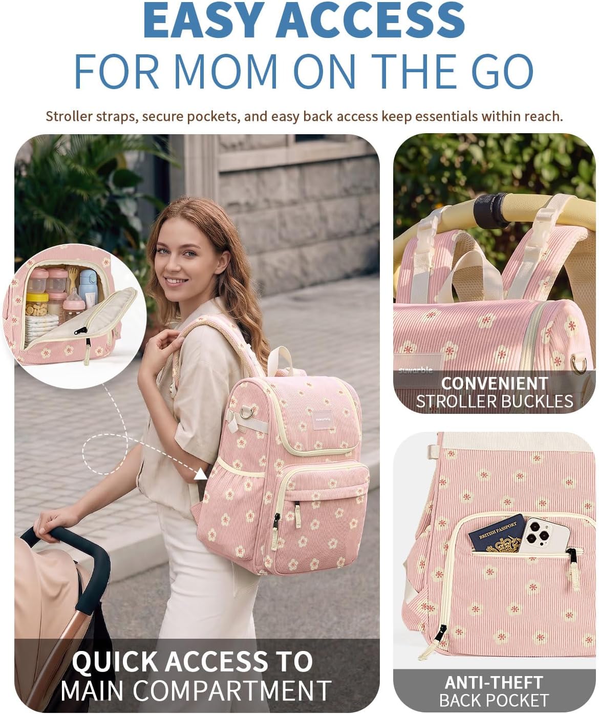Large Corduroy Diaper Bag Backpack for Mom, 25L Baby Travel Bag with Insulated Bottle Pockets, 40oz Side Strap & Stroller-Ready Straps