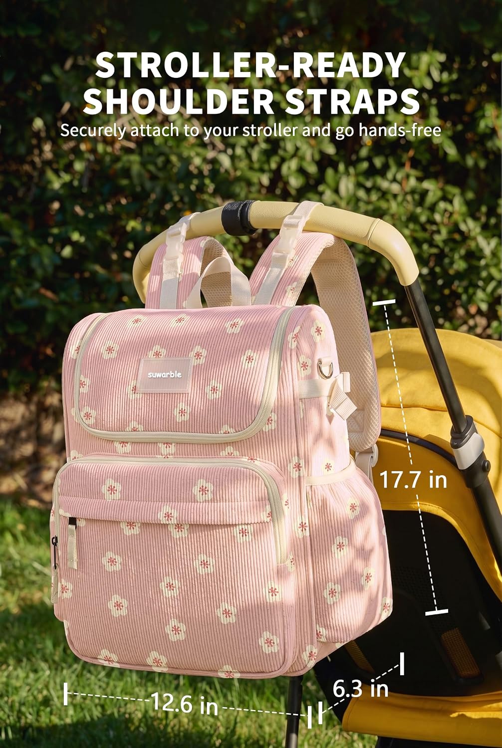 Large Corduroy Diaper Bag Backpack for Mom, 25L Baby Travel Bag with Insulated Bottle Pockets, 40oz Side Strap & Stroller-Ready Straps