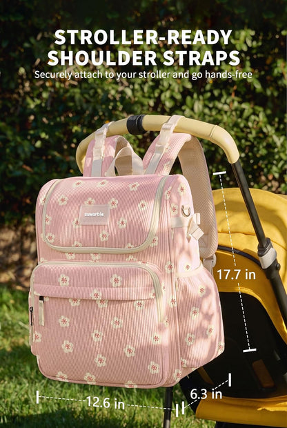 Large Corduroy Diaper Bag Backpack for Mom, 25L Baby Travel Bag with Insulated Bottle Pockets, 40oz Side Strap & Stroller-Ready Straps