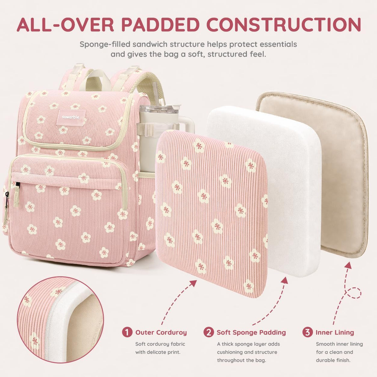 Large Corduroy Diaper Bag Backpack for Mom, 25L Baby Travel Bag with Insulated Bottle Pockets, 40oz Side Strap & Stroller-Ready Straps