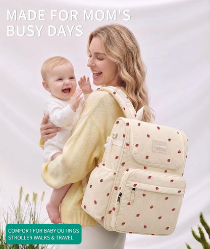 Large Corduroy Diaper Bag Backpack for Mom, 25L Baby Travel Bag with Insulated Bottle Pockets, 40oz Side Strap & Stroller-Ready Straps