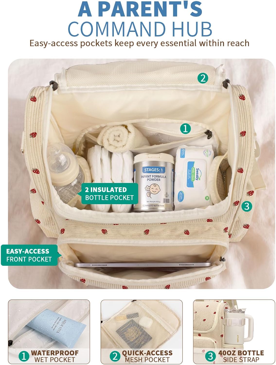 Large Corduroy Diaper Bag Backpack for Mom, 25L Baby Travel Bag with Insulated Bottle Pockets, 40oz Side Strap & Stroller-Ready Straps