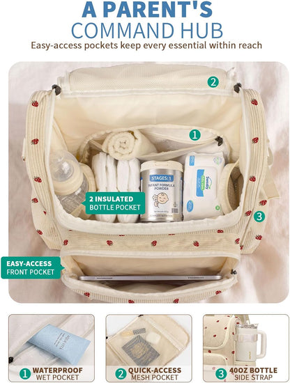 Large Corduroy Diaper Bag Backpack for Mom, 25L Baby Travel Bag with Insulated Bottle Pockets, 40oz Side Strap & Stroller-Ready Straps