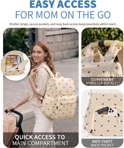 Large Corduroy Diaper Bag Backpack for Mom, 25L Baby Travel Bag with Insulated Bottle Pockets, 40oz Side Strap & Stroller-Ready Straps