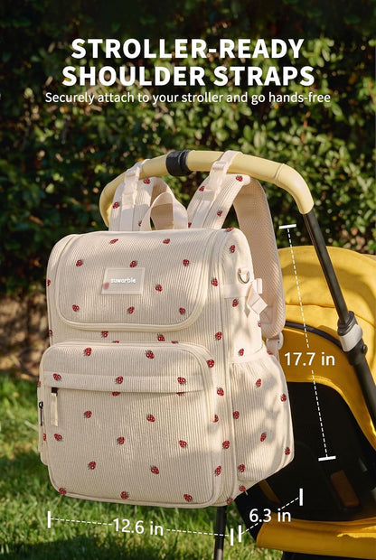Large Corduroy Diaper Bag Backpack for Mom, 25L Baby Travel Bag with Insulated Bottle Pockets, 40oz Side Strap & Stroller-Ready Straps