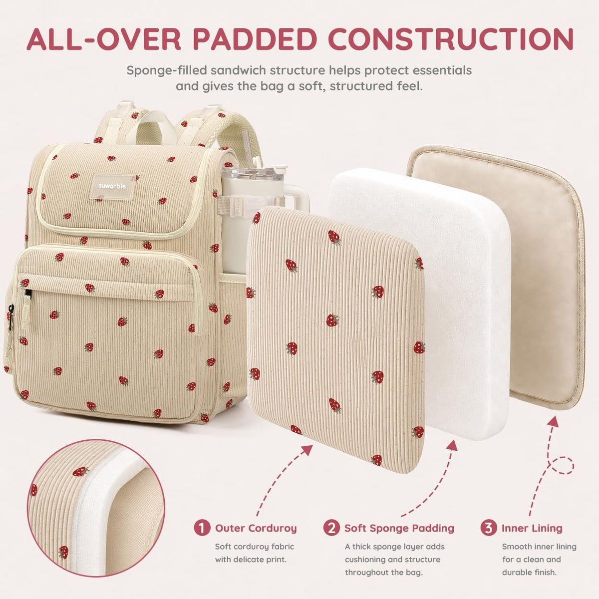Large Corduroy Diaper Bag Backpack for Mom, 25L Baby Travel Bag with Insulated Bottle Pockets, 40oz Side Strap & Stroller-Ready Straps