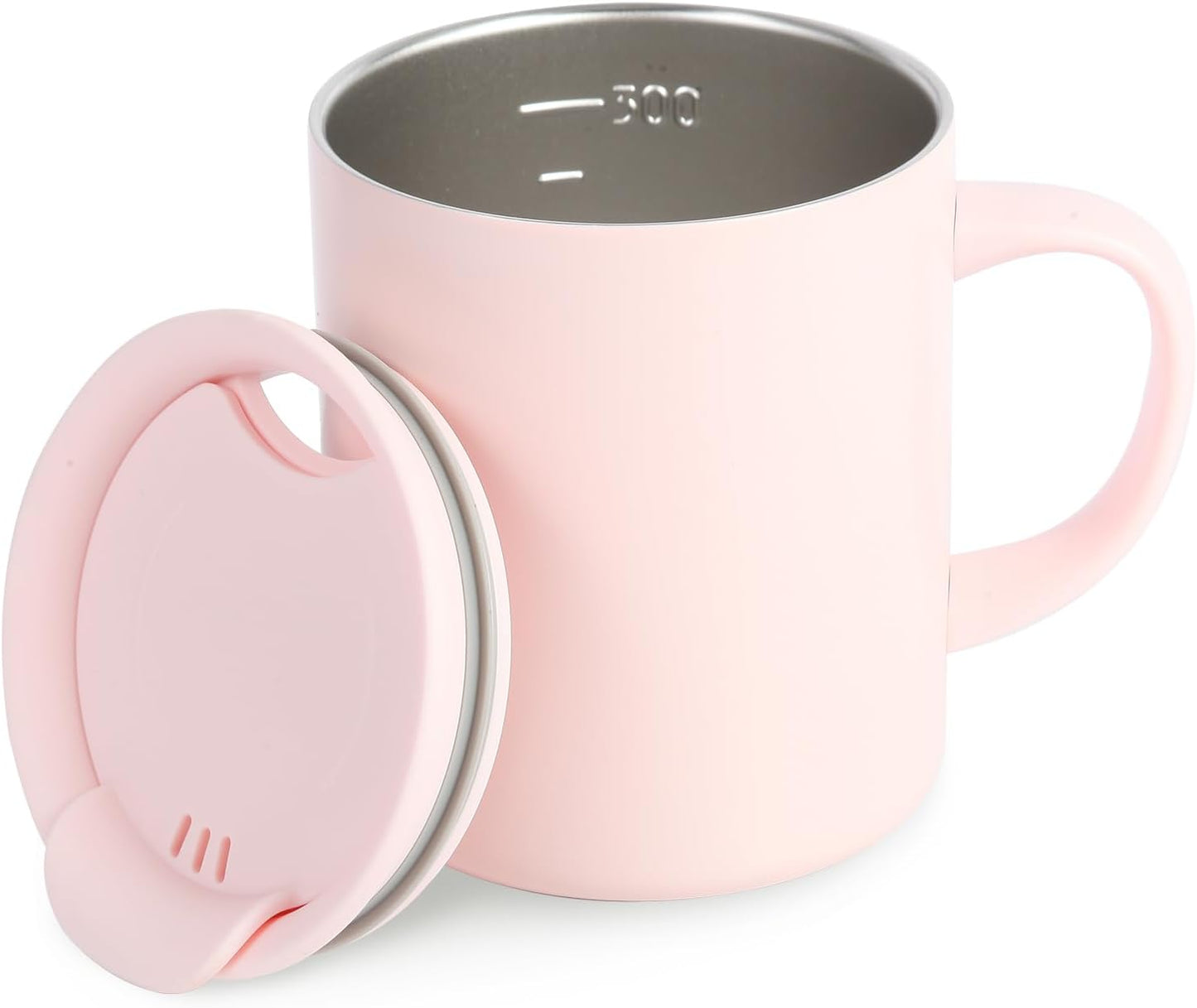 12oz Insulated Coffee Mug with Handle and Lid - 316 Stainless Steel Travel Coffee Mug, Spill Proof Coffee Tumbler for Office, Travel, Camping - Internal ML Scale, Pink