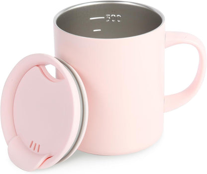 12oz Insulated Coffee Mug with Handle and Lid - 316 Stainless Steel Travel Coffee Mug, Spill Proof Coffee Tumbler for Office, Travel, Camping - Internal ML Scale, Pink