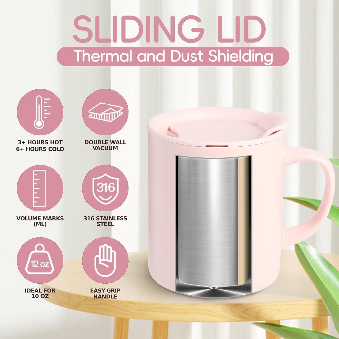 12oz Insulated Coffee Mug with Handle and Lid - 316 Stainless Steel Travel Coffee Mug, Spill Proof Coffee Tumbler for Office, Travel, Camping - Internal ML Scale, Pink