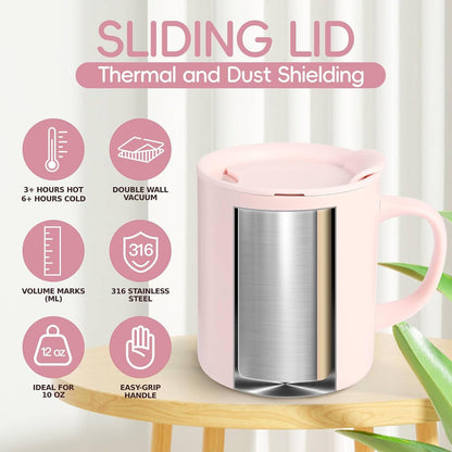 12oz Insulated Coffee Mug with Handle and Lid - 316 Stainless Steel Travel Coffee Mug, Spill Proof Coffee Tumbler for Office, Travel, Camping - Internal ML Scale, Pink