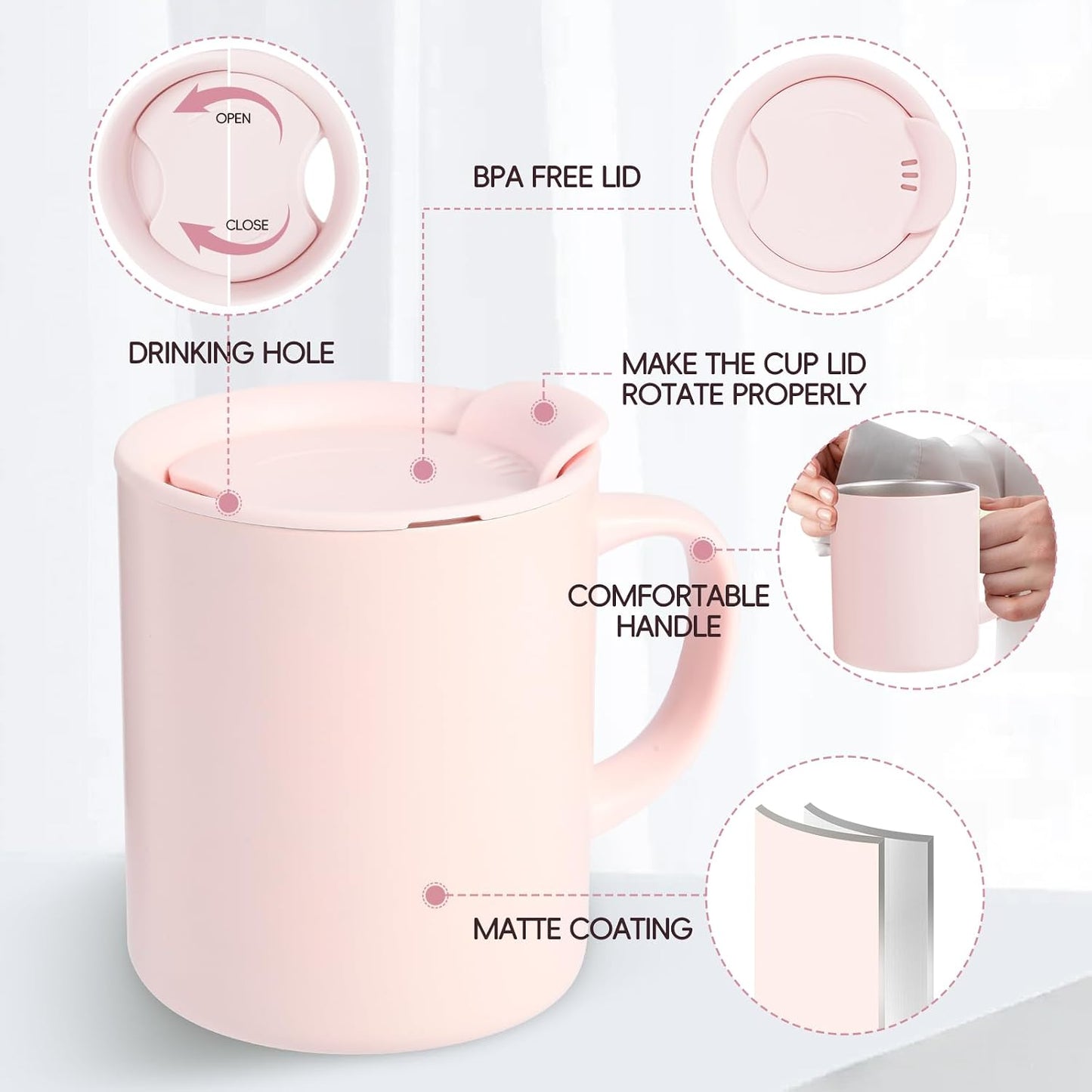 12oz Insulated Coffee Mug with Handle and Lid - 316 Stainless Steel Travel Coffee Mug, Spill Proof Coffee Tumbler for Office, Travel, Camping - Internal ML Scale, Pink