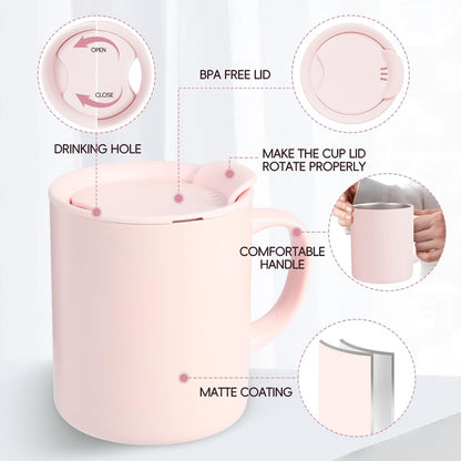12oz Insulated Coffee Mug with Handle and Lid - 316 Stainless Steel Travel Coffee Mug, Spill Proof Coffee Tumbler for Office, Travel, Camping - Internal ML Scale, Pink