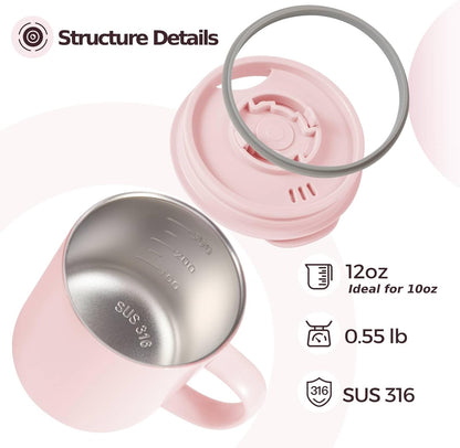 12oz Insulated Coffee Mug with Handle and Lid - 316 Stainless Steel Travel Coffee Mug, Spill Proof Coffee Tumbler for Office, Travel, Camping - Internal ML Scale, Pink