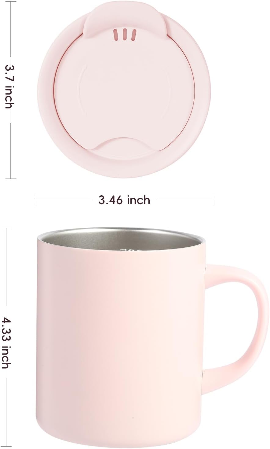 12oz Insulated Coffee Mug with Handle and Lid - 316 Stainless Steel Travel Coffee Mug, Spill Proof Coffee Tumbler for Office, Travel, Camping - Internal ML Scale, Pink