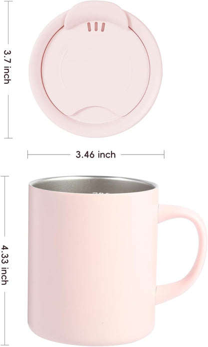 12oz Insulated Coffee Mug with Handle and Lid - 316 Stainless Steel Travel Coffee Mug, Spill Proof Coffee Tumbler for Office, Travel, Camping - Internal ML Scale, Pink