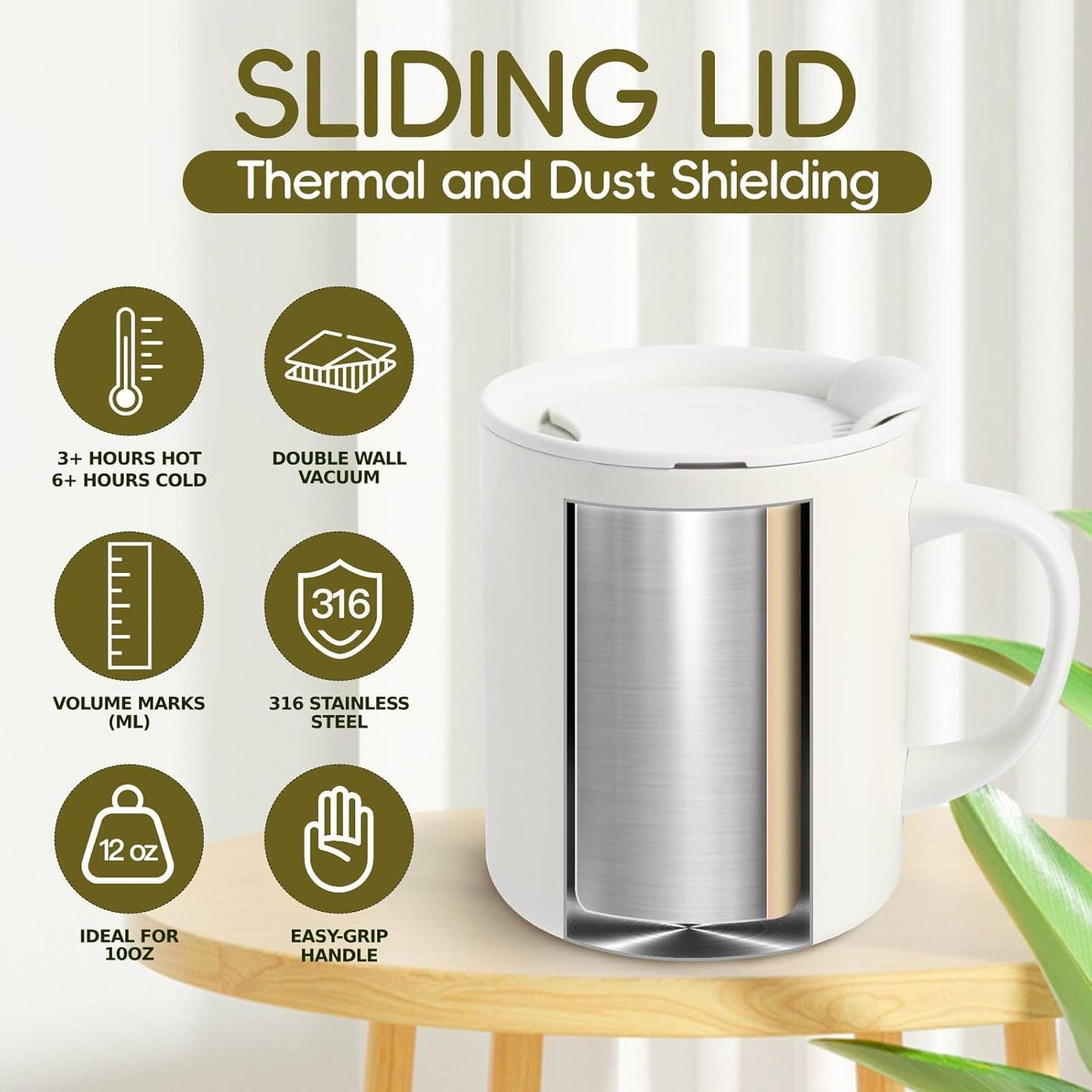 12oz Insulated Coffee Mug with Handle and Lid - 316 Stainless Steel Travel Coffee Mug, Spill Proof Coffee Tumbler for Office, Travel, Camping - Internal ML Scale, Pink