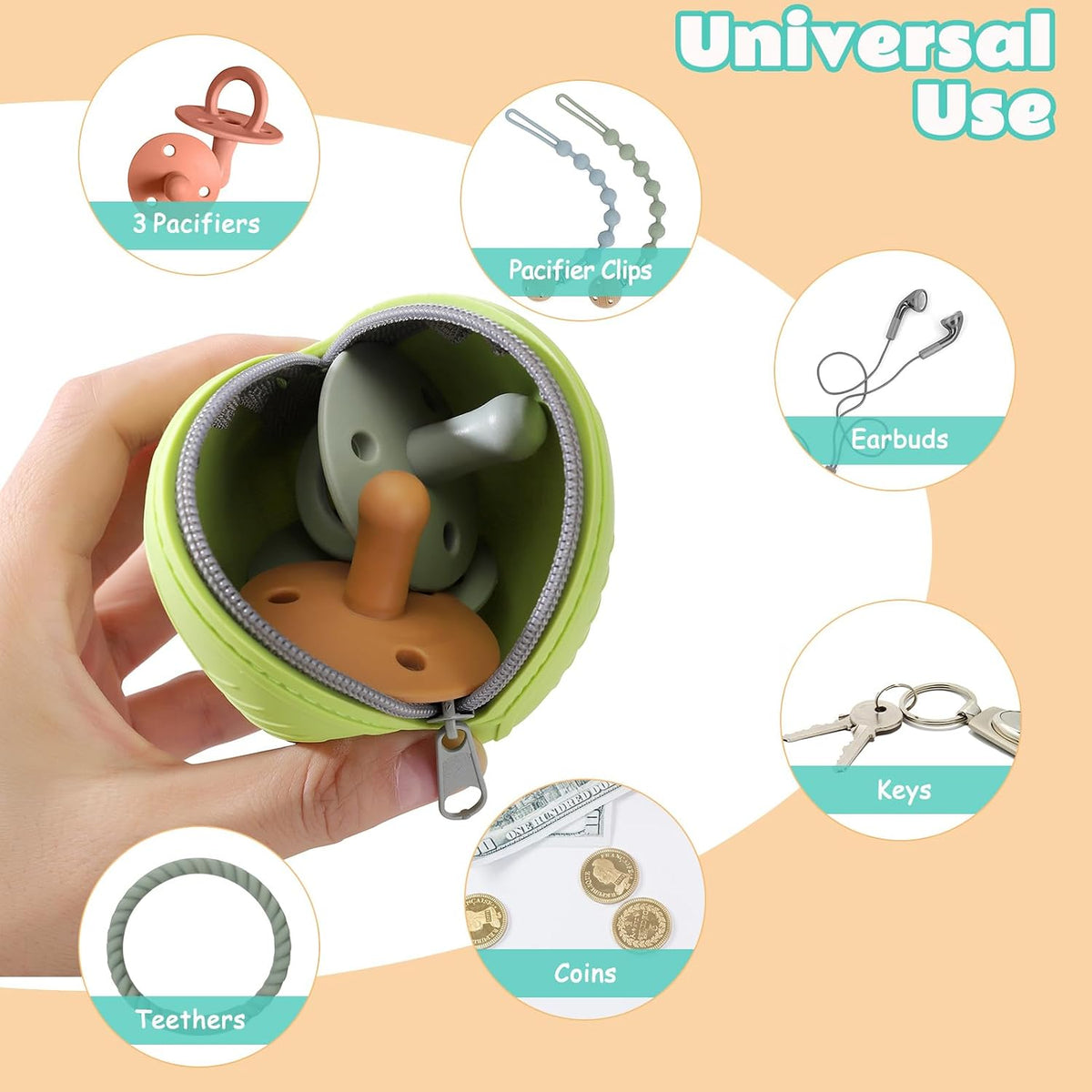 2-Pack Silicone Pacifier Holder Case- Portable Pacifier Cover Pouch Bag, Pacifier Storage Case for Diaper Bag (Avocado/Ivory)