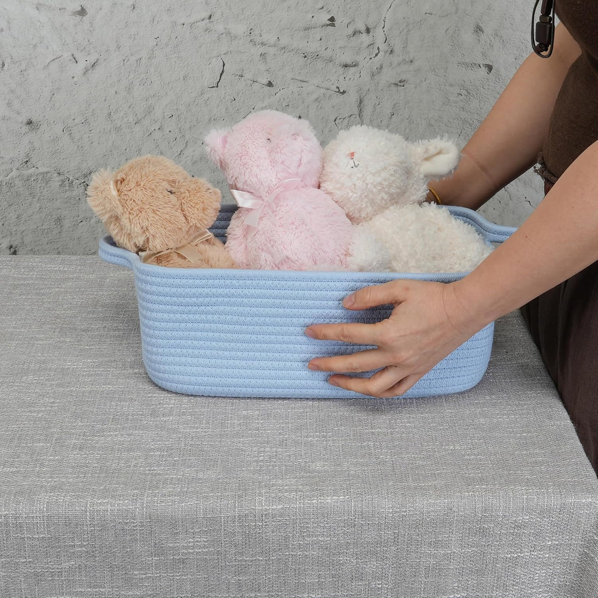 Medium Woven Cotton Rope Storage Basket with Handles, Light Pink