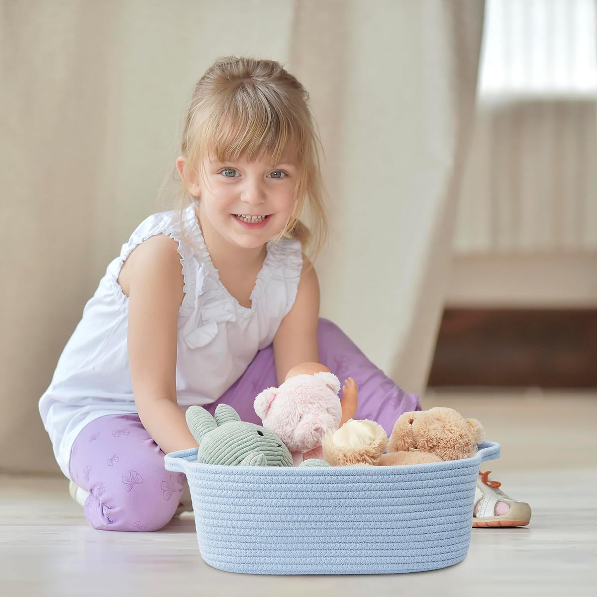 Medium Woven Cotton Rope Storage Basket with Handles, Light Pink