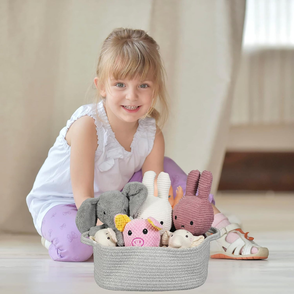 Medium Woven Cotton Rope Storage Basket with Handles, Light Pink