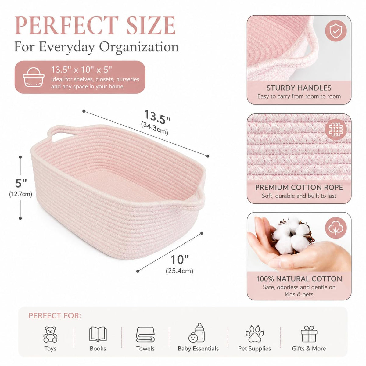 Medium Woven Cotton Rope Storage Basket with Handles, Light Pink