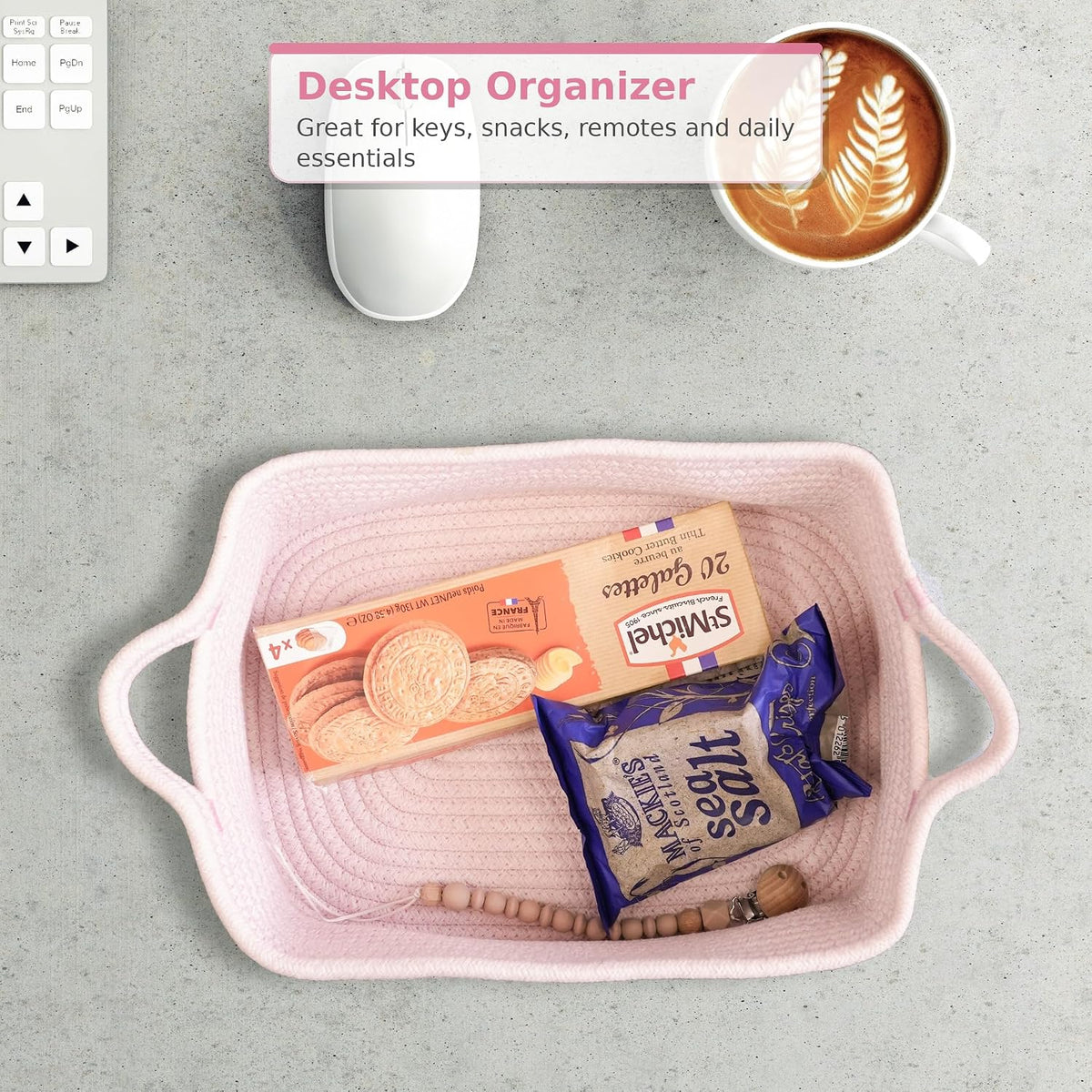 Medium Woven Cotton Rope Storage Basket with Handles, Light Pink