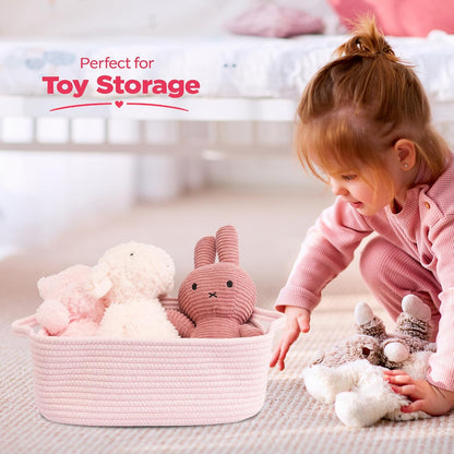Medium Woven Cotton Rope Storage Basket with Handles, Light Pink