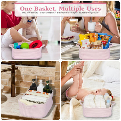 Medium Woven Cotton Rope Storage Basket with Handles, Light Pink