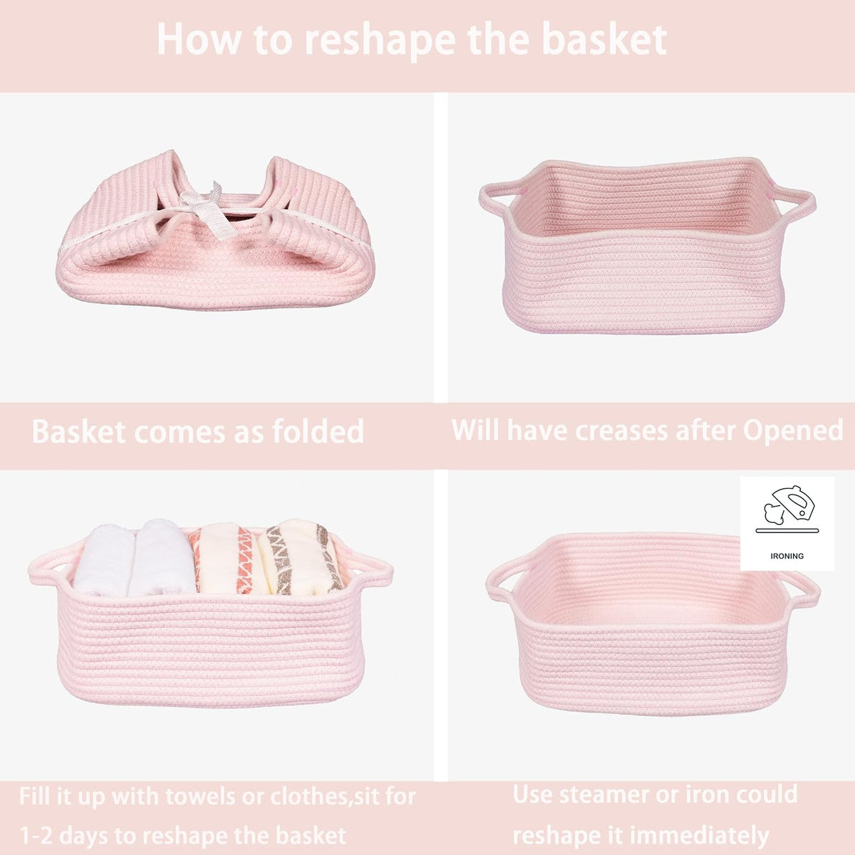 Medium Woven Cotton Rope Storage Basket with Handles, Light Pink