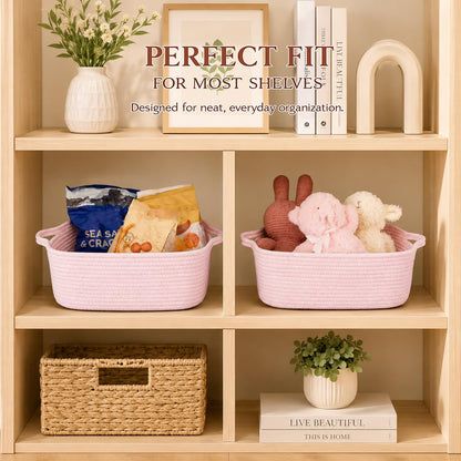 Medium Woven Cotton Rope Storage Basket with Handles, Light Pink