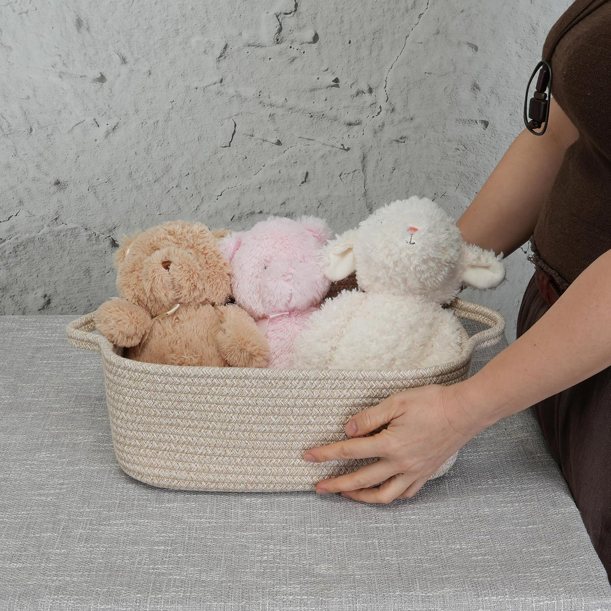 Medium Woven Cotton Rope Storage Basket with Handles, Light Pink