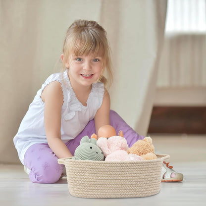 Medium Woven Cotton Rope Storage Basket with Handles, Light Pink