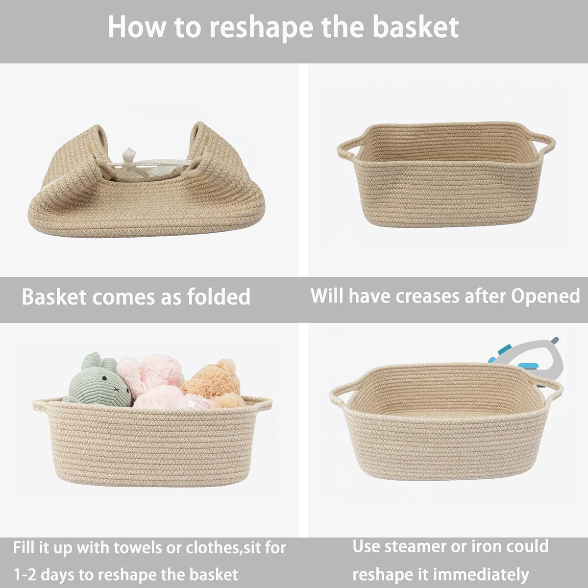 Medium Woven Cotton Rope Storage Basket with Handles, Light Pink
