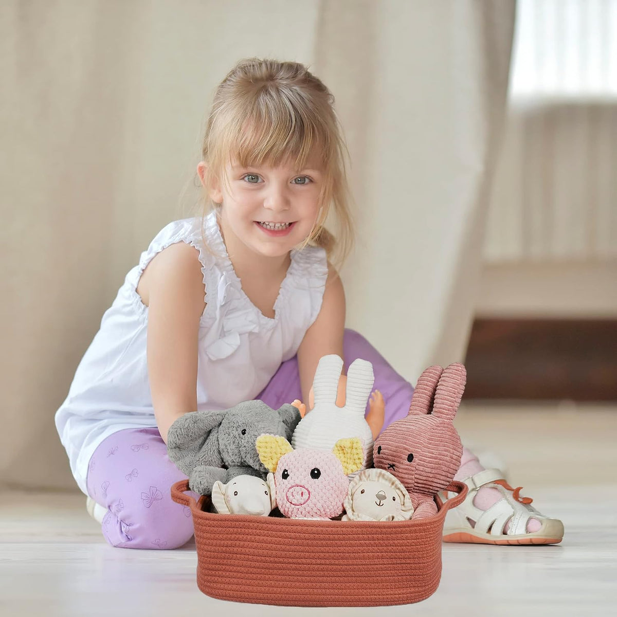 Medium Woven Cotton Rope Storage Basket with Handles, Light Pink