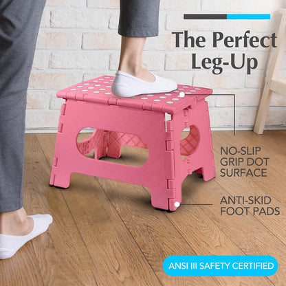 Folding Step Stool 9 Inch, Pink, Non-Slip Holds 300 lbs