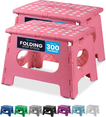 Folding Step Stool 9 Inch, Pink, Non-Slip Holds 300 lbs